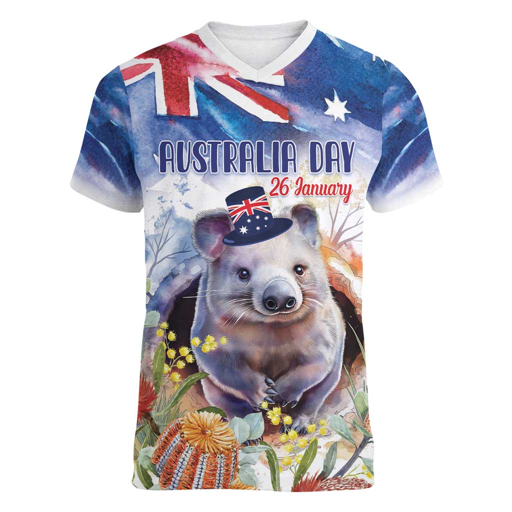 Wombat Australia Day Women V-Neck T-Shirt Happy 26 January - Banksia Watercolor - Vibe Hoodie Shop