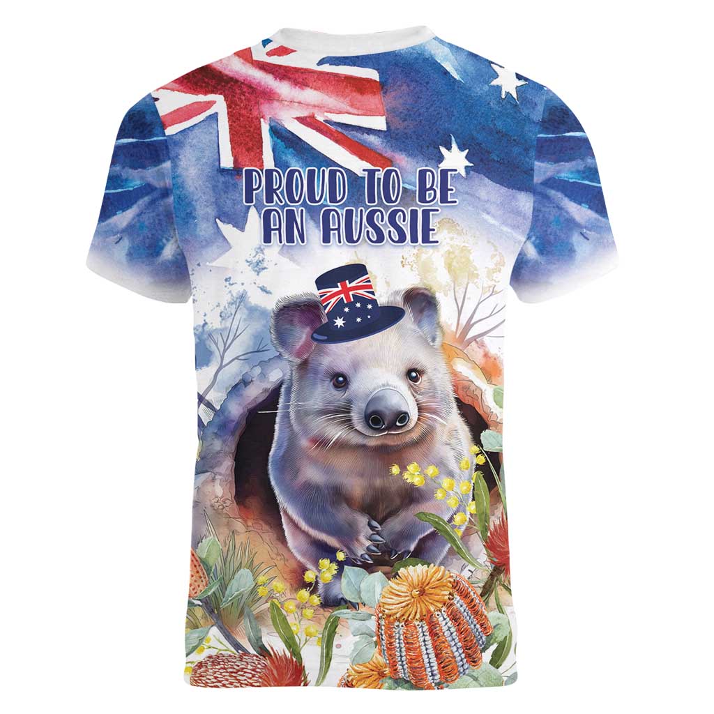 Wombat Australia Day Women V-Neck T-Shirt Happy 26 January - Banksia Watercolor - Vibe Hoodie Shop