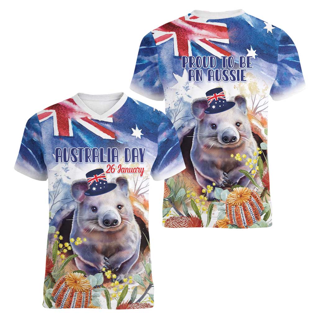 Wombat Australia Day Women V-Neck T-Shirt Happy 26 January - Banksia Watercolor - Vibe Hoodie Shop