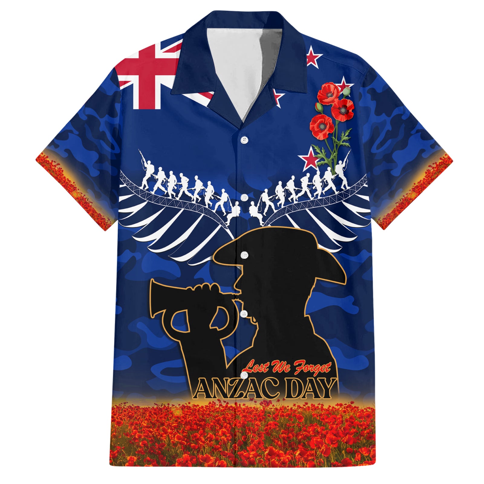 New Zealand ANZAC Day Hawaiian Shirt 25 April Last Post Camouflage With Poppies - Vibe Hoodie Shop