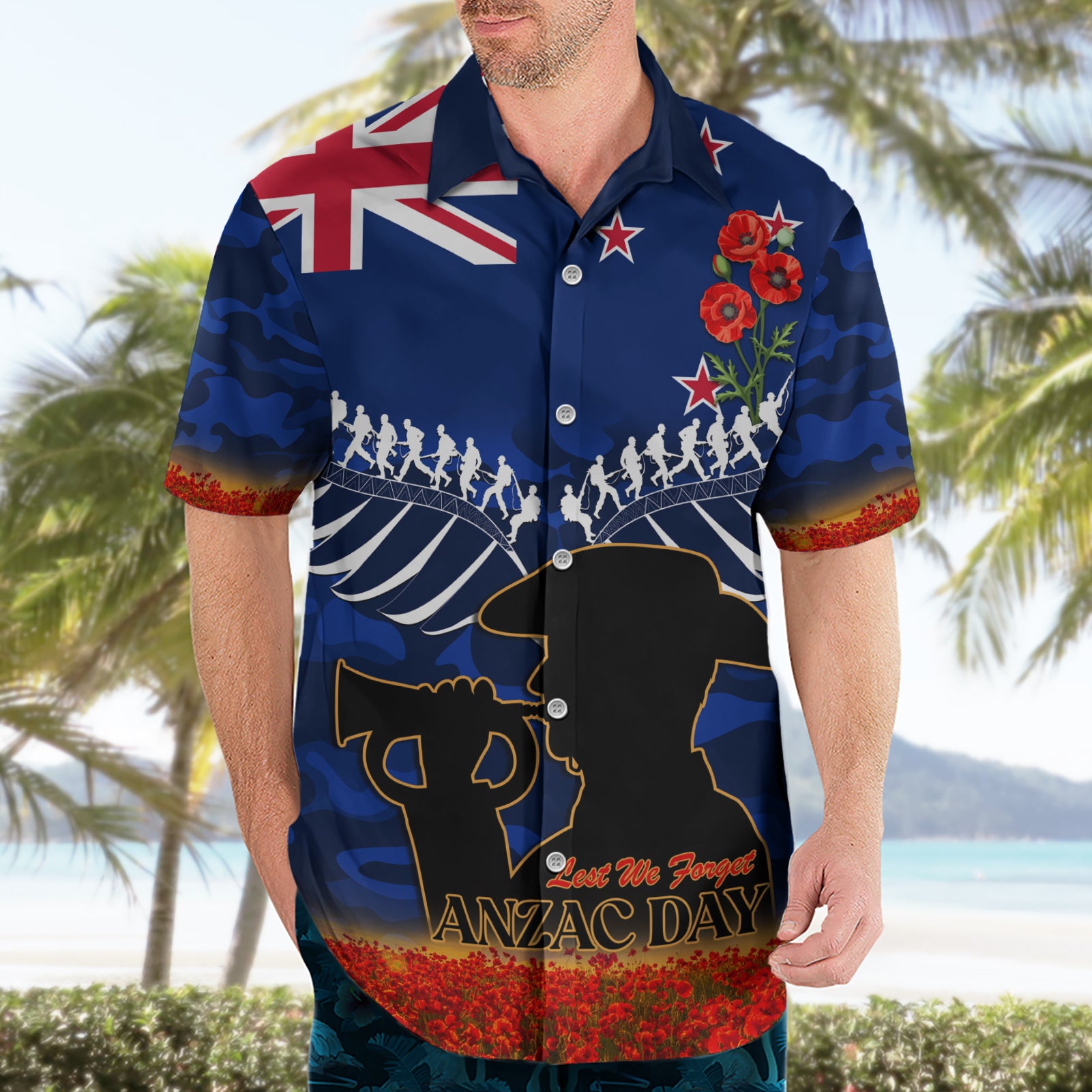 New Zealand ANZAC Day Hawaiian Shirt 25 April Last Post Camouflage With Poppies - Vibe Hoodie Shop