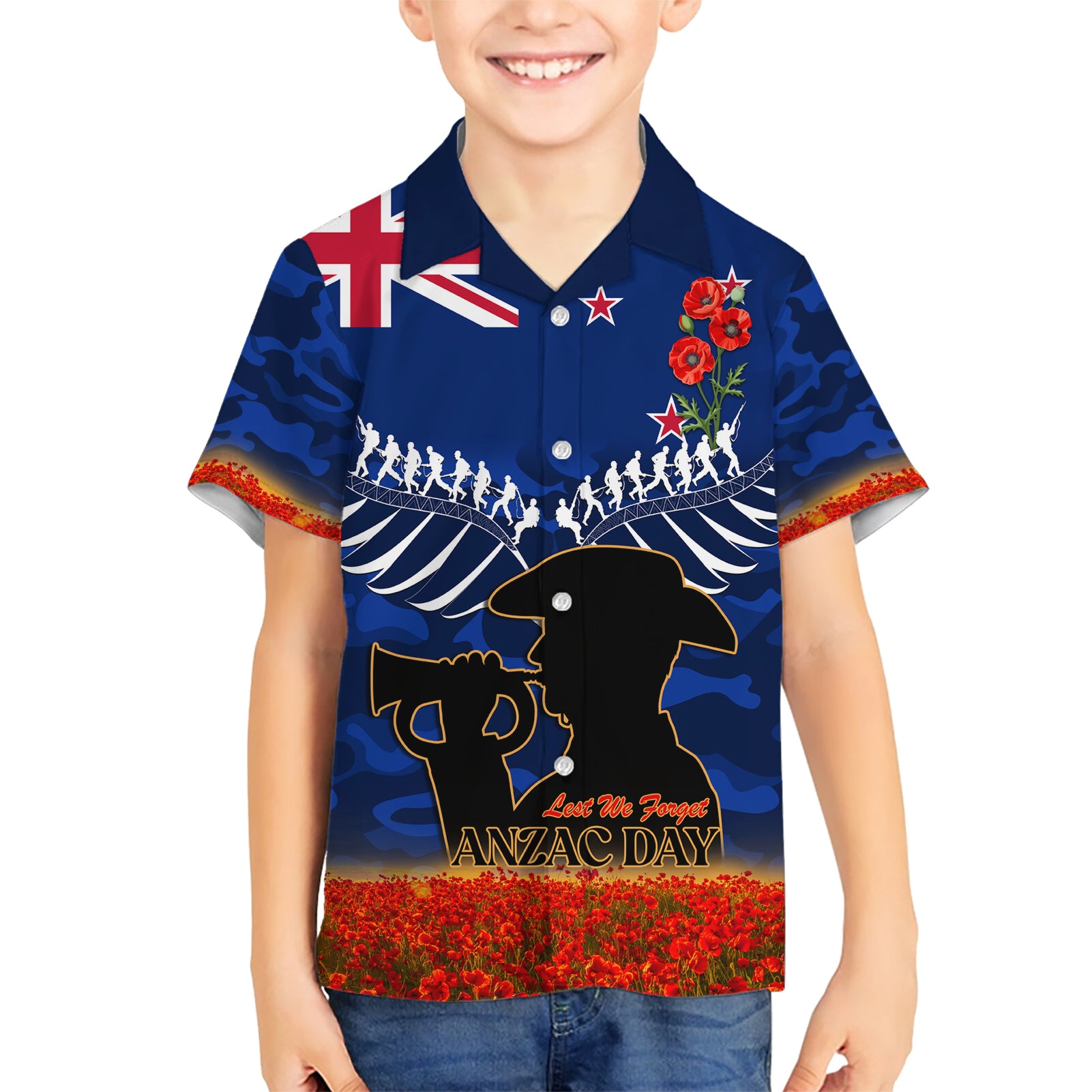 New Zealand ANZAC Day Hawaiian Shirt 25 April Last Post Camouflage With Poppies - Vibe Hoodie Shop