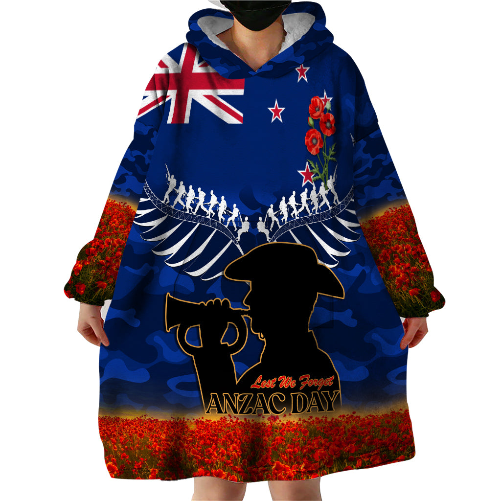 New Zealand ANZAC Day Wearable Blanket Hoodie 25 April Last Post Camouflage With Poppies - Vibe Hoodie Shop