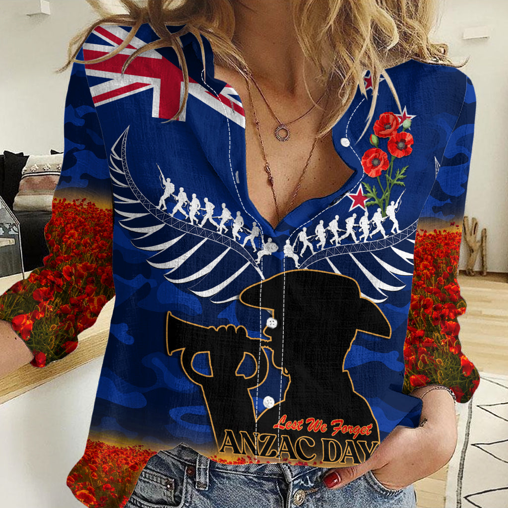 New Zealand ANZAC Day Women Casual Shirt 25 April Last Post Camouflage With Poppies - Vibe Hoodie Shop