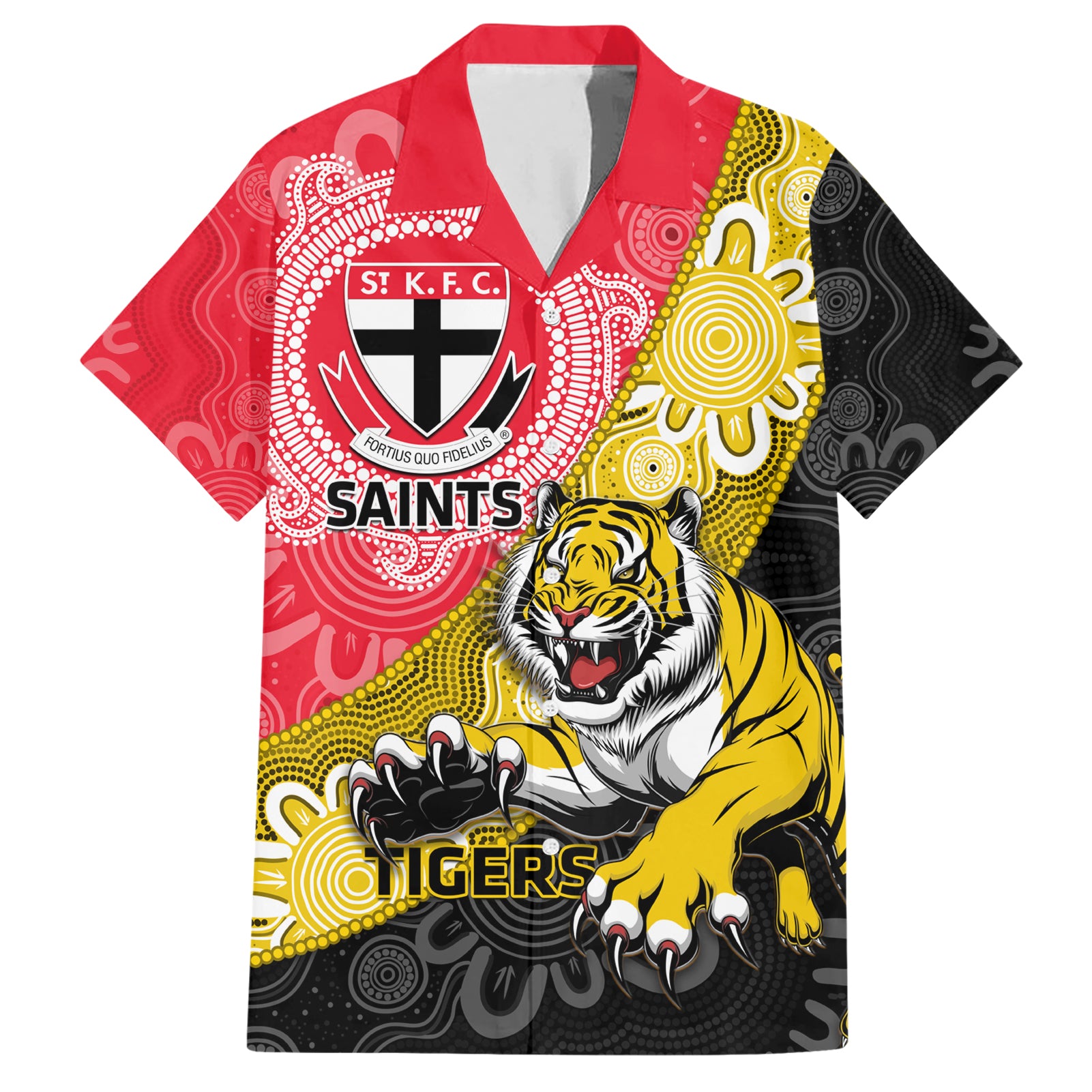 Personalised Richmond And St Kilda Football Hawaiian Shirt Tigers Saints Together Aboriginal Art - Vibe Hoodie Shop