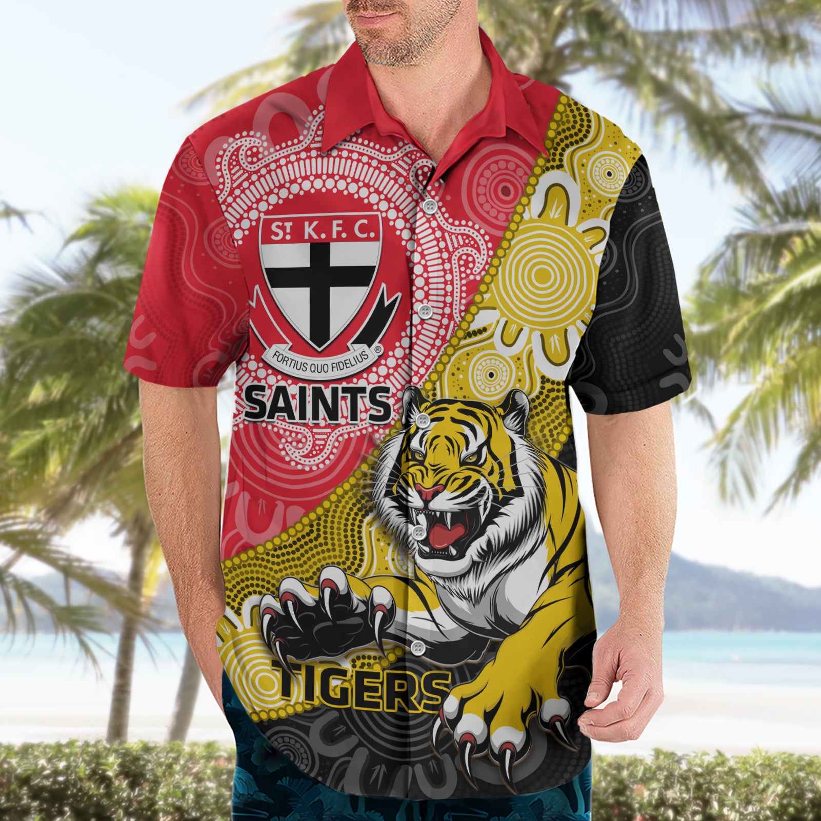 Personalised Richmond And St Kilda Football Hawaiian Shirt Tigers Saints Together Aboriginal Art - Vibe Hoodie Shop