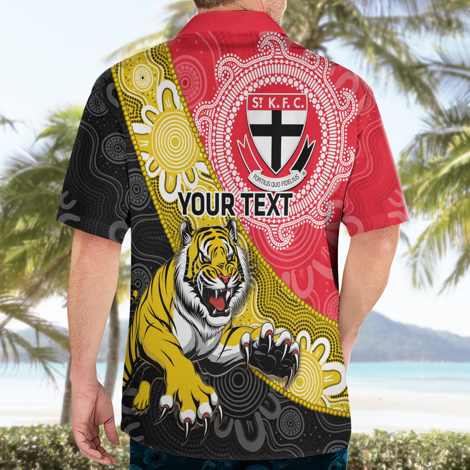 Personalised Richmond And St Kilda Football Hawaiian Shirt Tigers Saints Together Aboriginal Art - Vibe Hoodie Shop