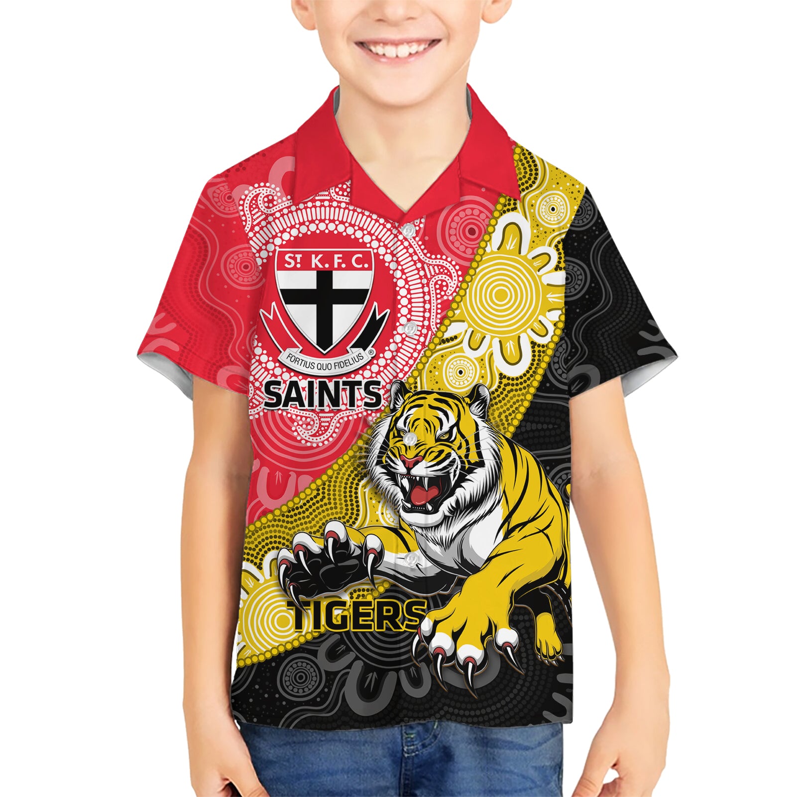 Personalised Richmond And St Kilda Football Hawaiian Shirt Tigers Saints Together Aboriginal Art - Vibe Hoodie Shop