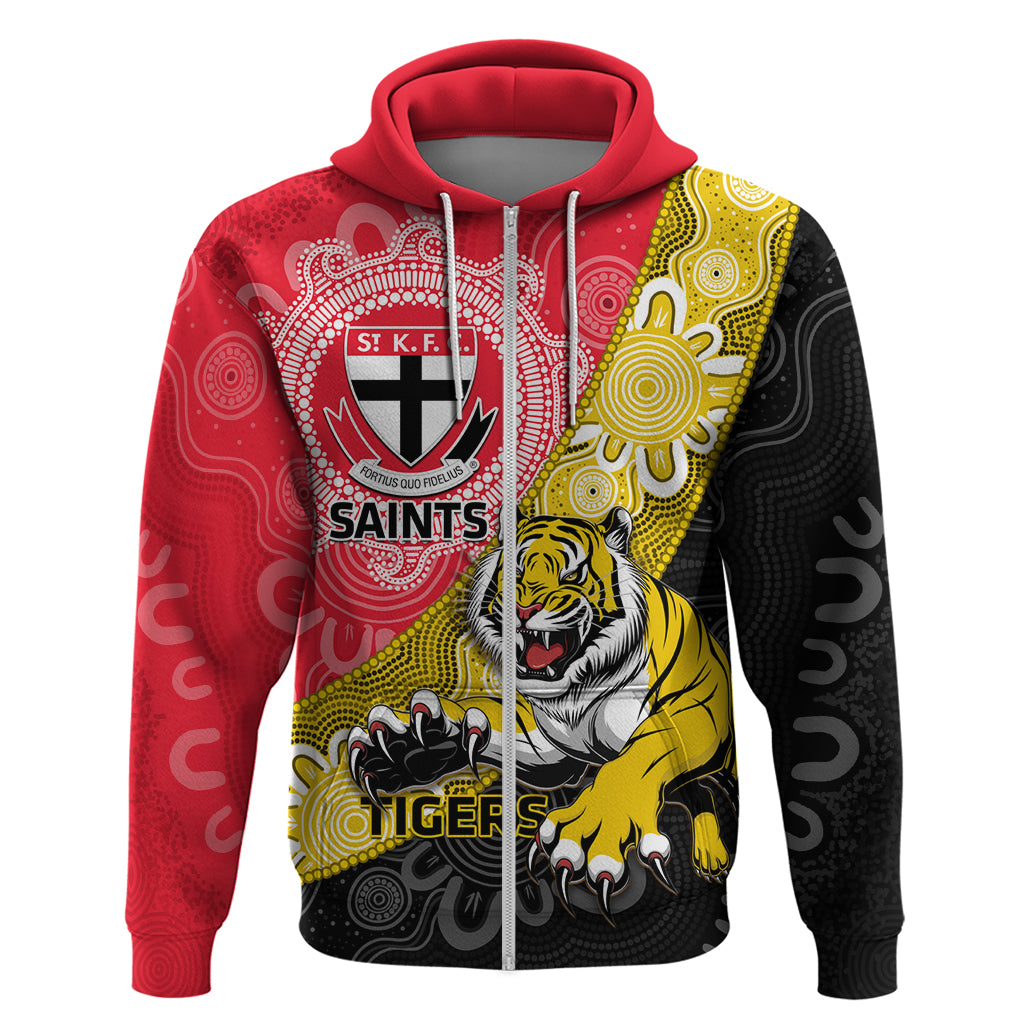 Personalised Richmond And St Kilda Football Hoodie Tigers Saints Together Aboriginal Art - Vibe Hoodie Shop