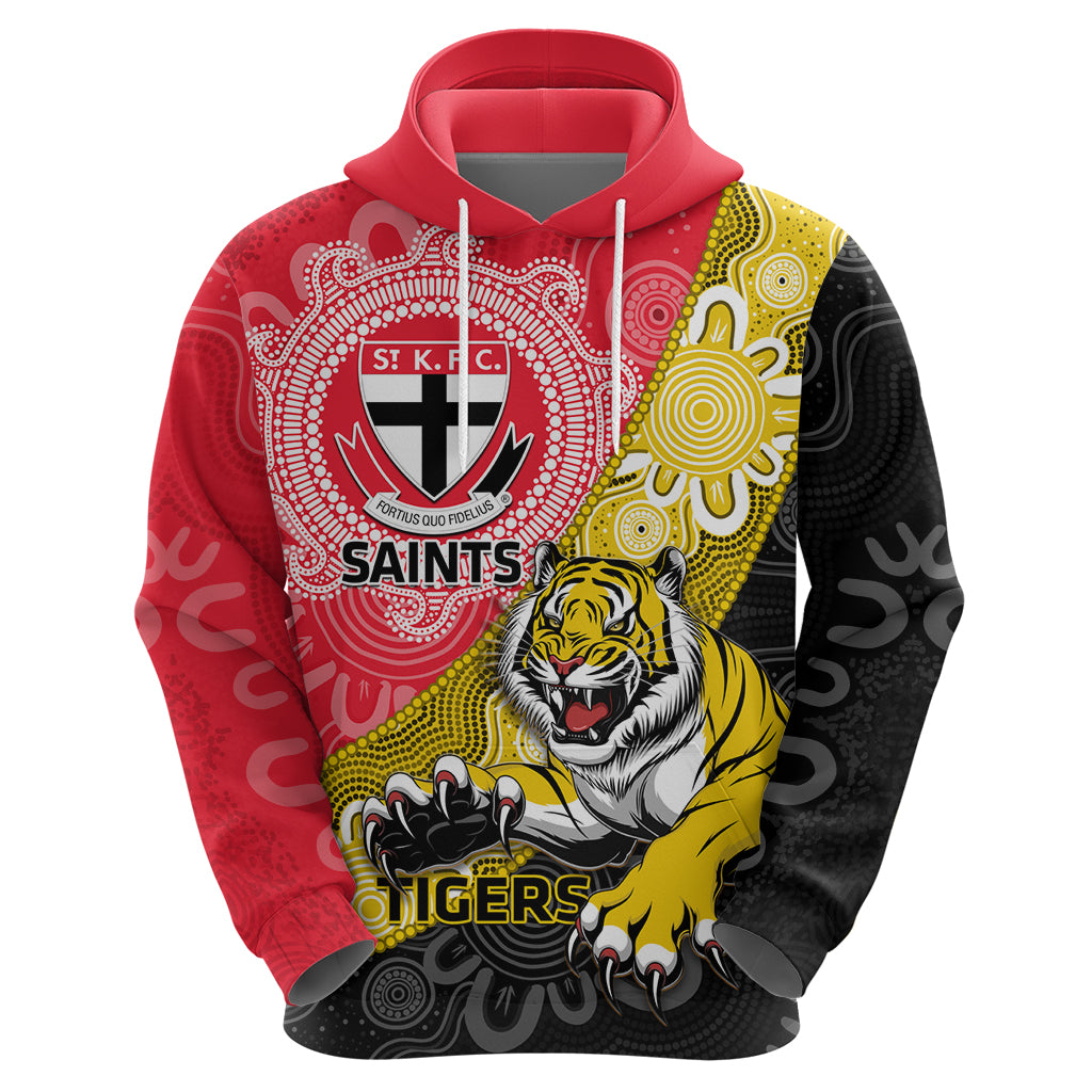 Personalised Richmond And St Kilda Football Hoodie Tigers Saints Together Aboriginal Art - Vibe Hoodie Shop