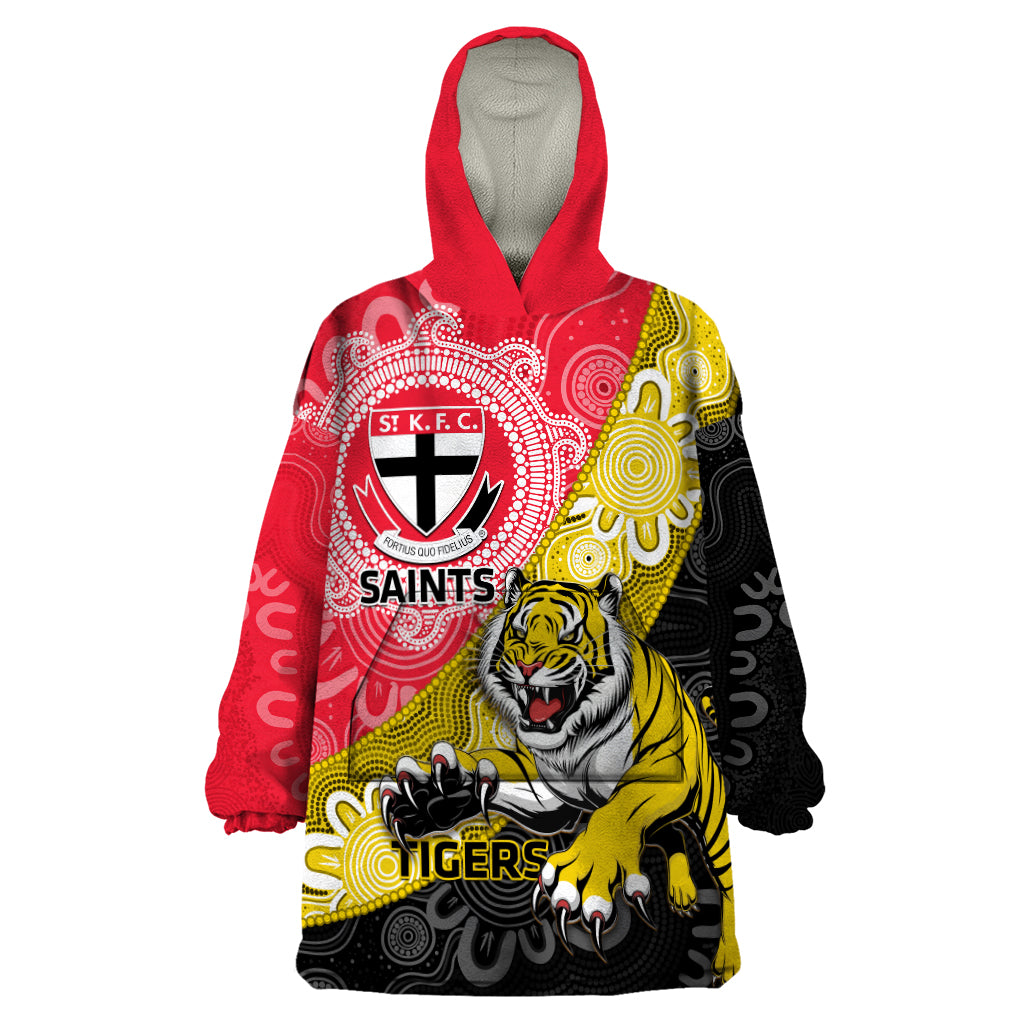 Personalised Richmond And St Kilda Football Wearable Blanket Hoodie Tigers Saints Together Aboriginal Art - Vibe Hoodie Shop