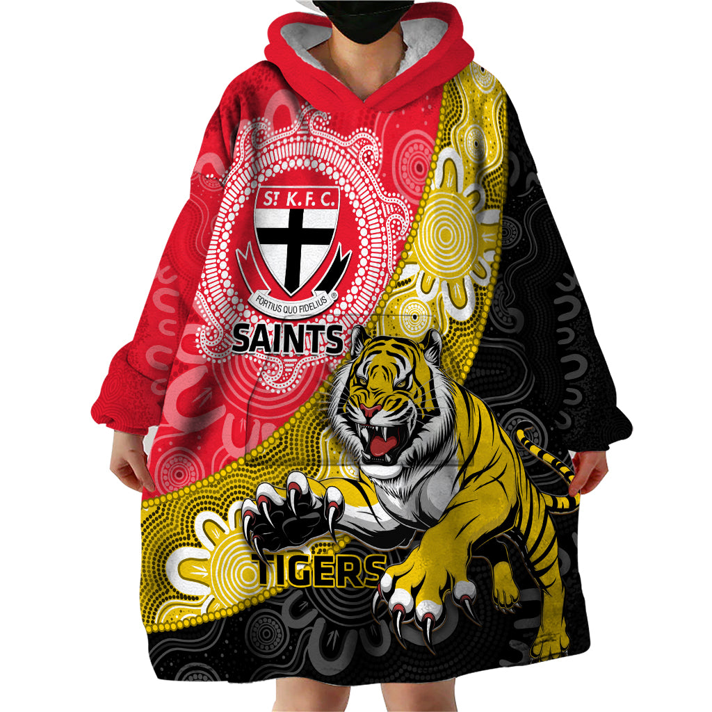 Personalised Richmond And St Kilda Football Wearable Blanket Hoodie Tigers Saints Together Aboriginal Art - Vibe Hoodie Shop