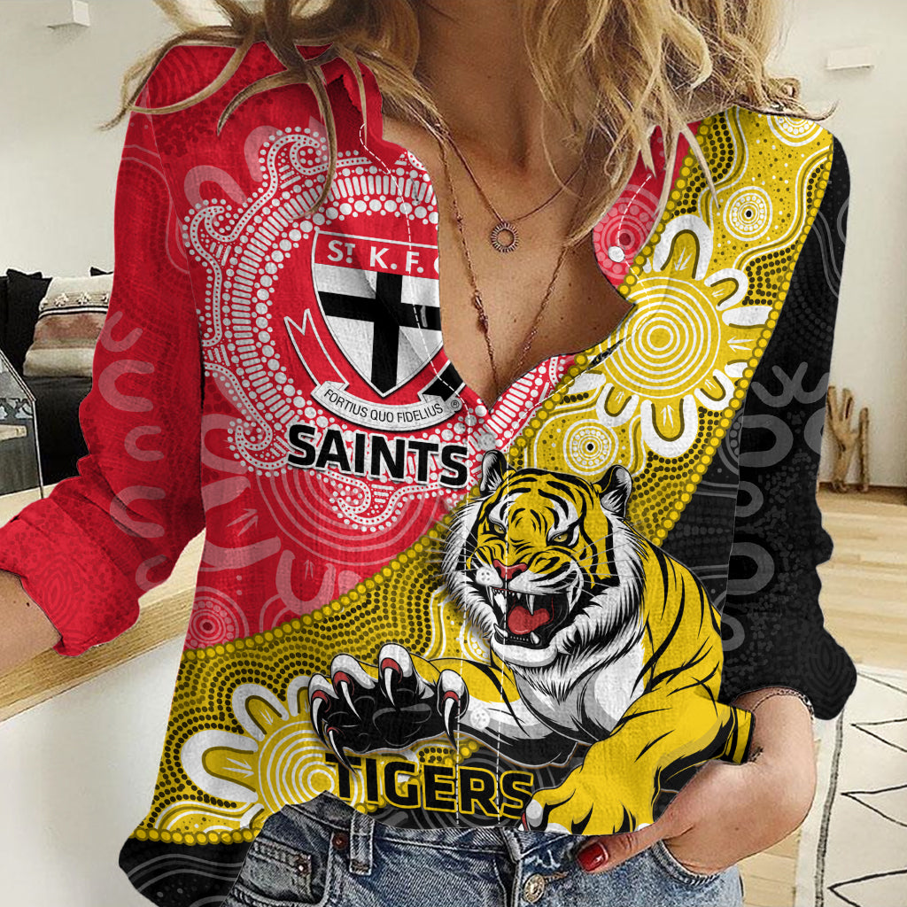 Personalised Richmond And St Kilda Football Women Casual Shirt Tigers Saints Together Aboriginal Art - Vibe Hoodie Shop