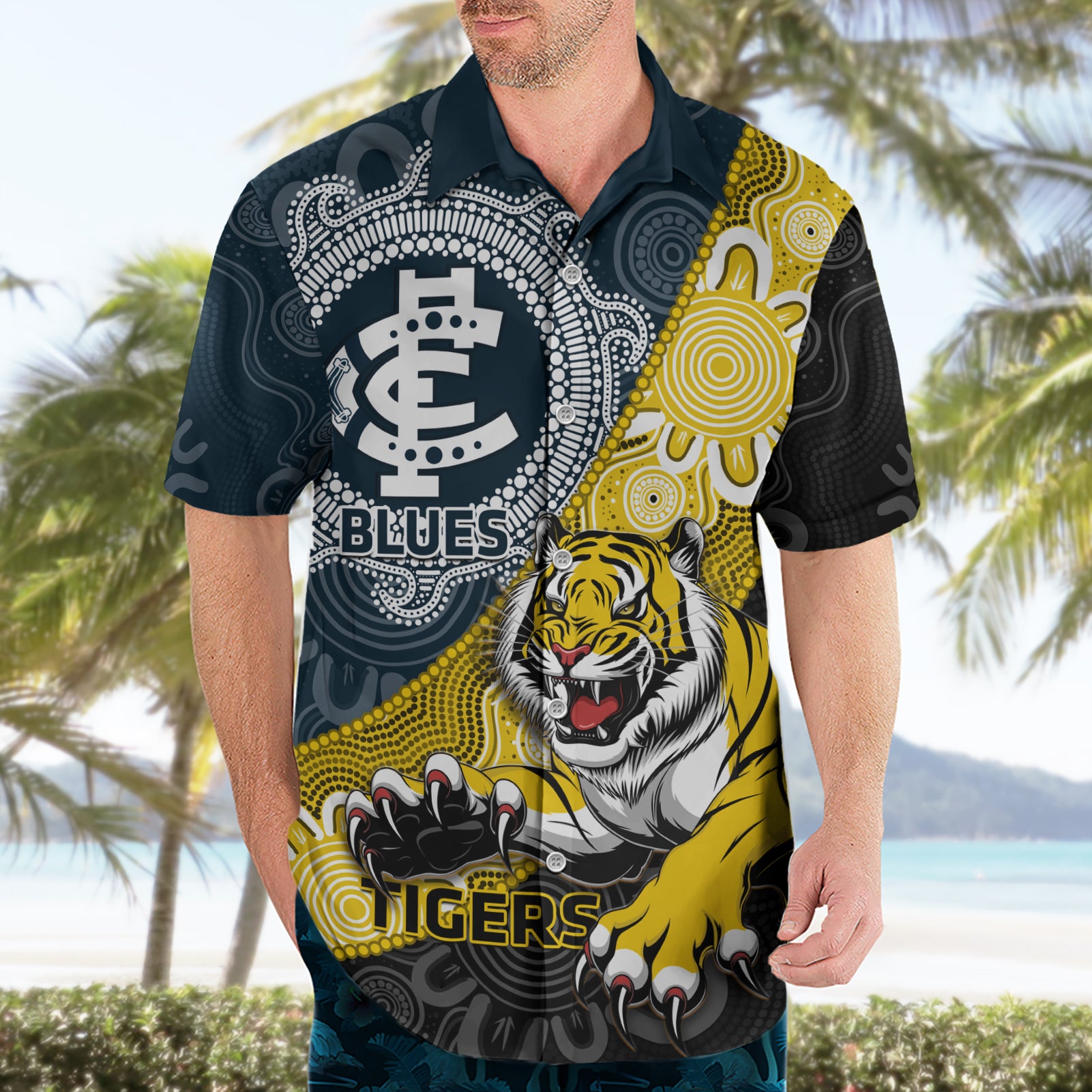 Personalised Richmond And Carlton Football Hawaiian Shirt Tigers BluesTogether Aboriginal Art - Vibe Hoodie Shop