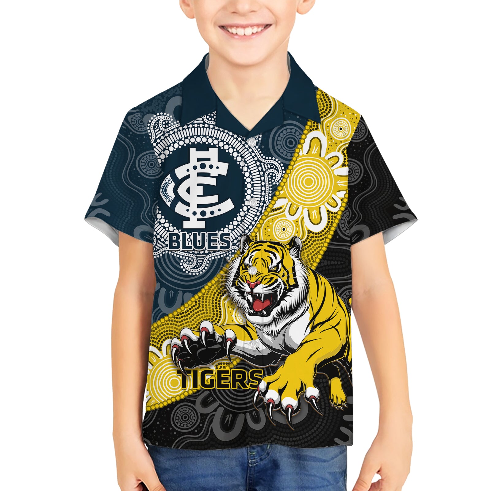 Personalised Richmond And Carlton Football Hawaiian Shirt Tigers BluesTogether Aboriginal Art - Vibe Hoodie Shop