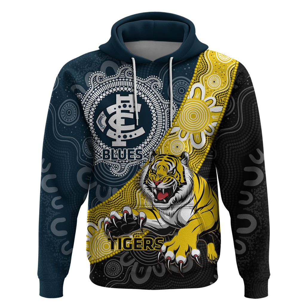 Personalised Richmond And Carlton Football Hoodie Tigers BluesTogether Aboriginal Art - Vibe Hoodie Shop