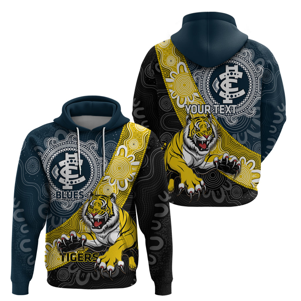 Personalised Richmond And Carlton Football Hoodie Tigers BluesTogether Aboriginal Art - Vibe Hoodie Shop