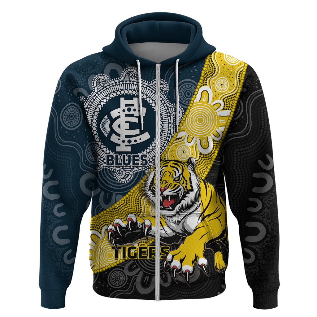 Personalised Richmond And Carlton Football Hoodie Tigers BluesTogether Aboriginal Art - Vibe Hoodie Shop