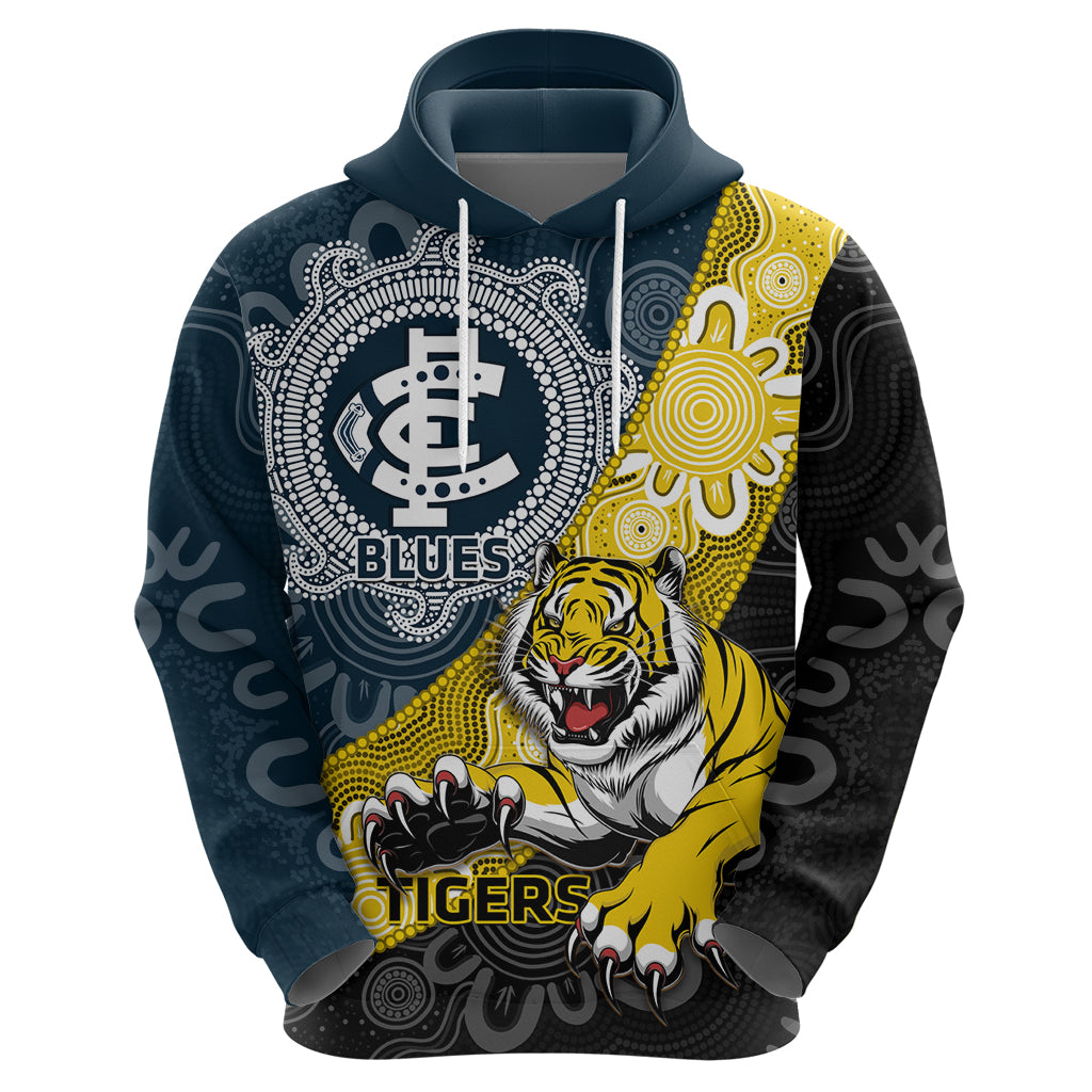Personalised Richmond And Carlton Football Hoodie Tigers BluesTogether Aboriginal Art - Vibe Hoodie Shop