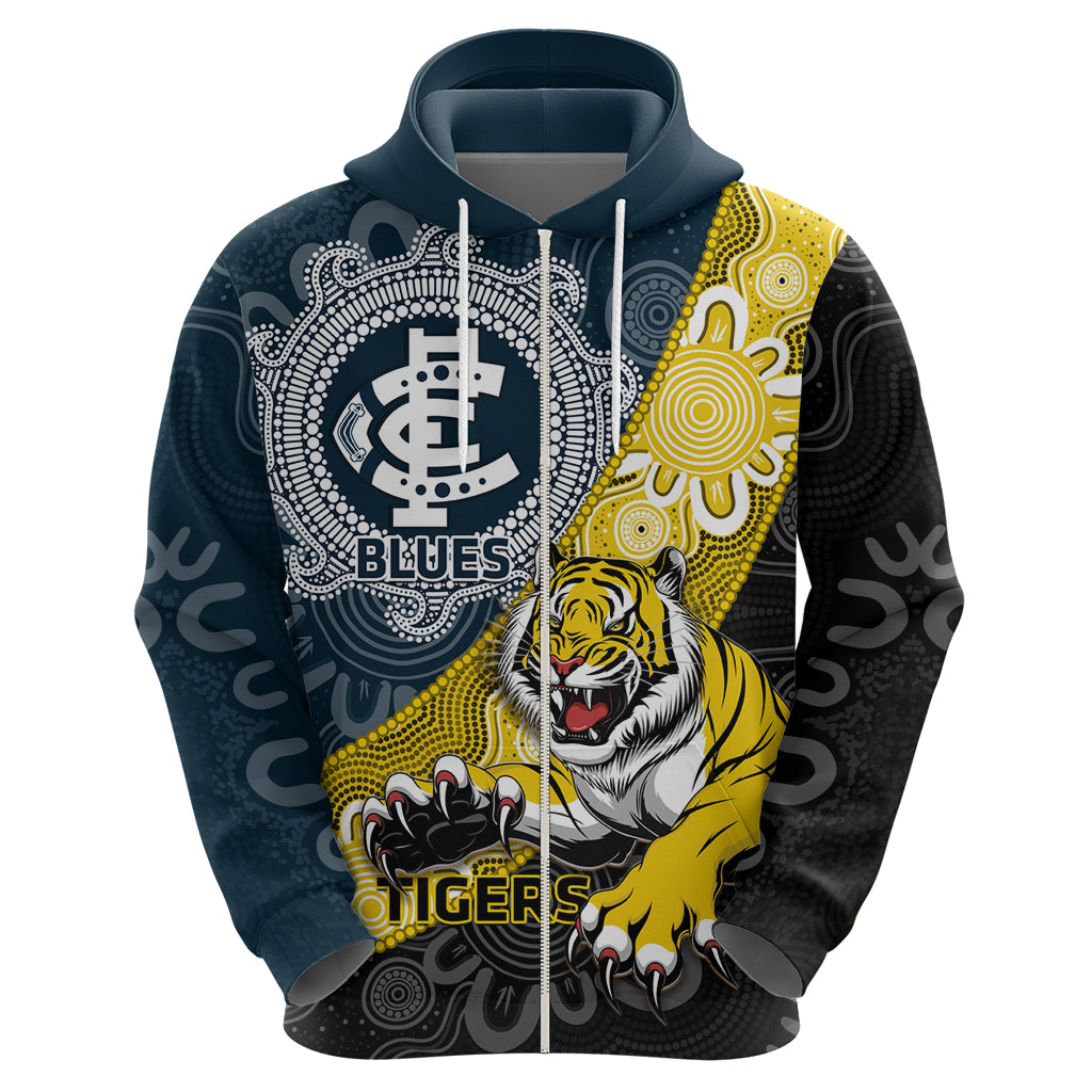 Personalised Richmond And Carlton Football Hoodie Tigers BluesTogether Aboriginal Art - Vibe Hoodie Shop