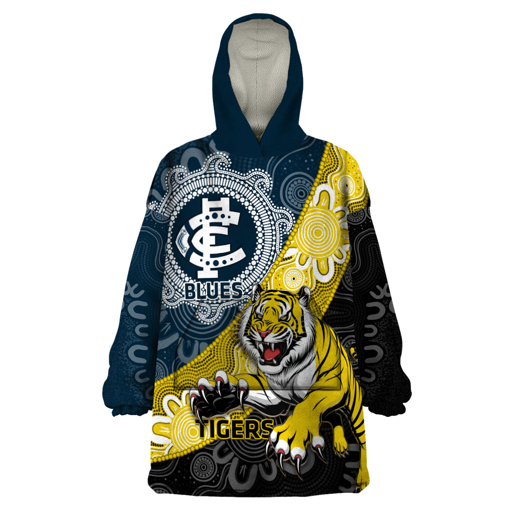 Personalised Richmond And Carlton Football Wearable Blanket Hoodie Tigers BluesTogether Aboriginal Art - Vibe Hoodie Shop