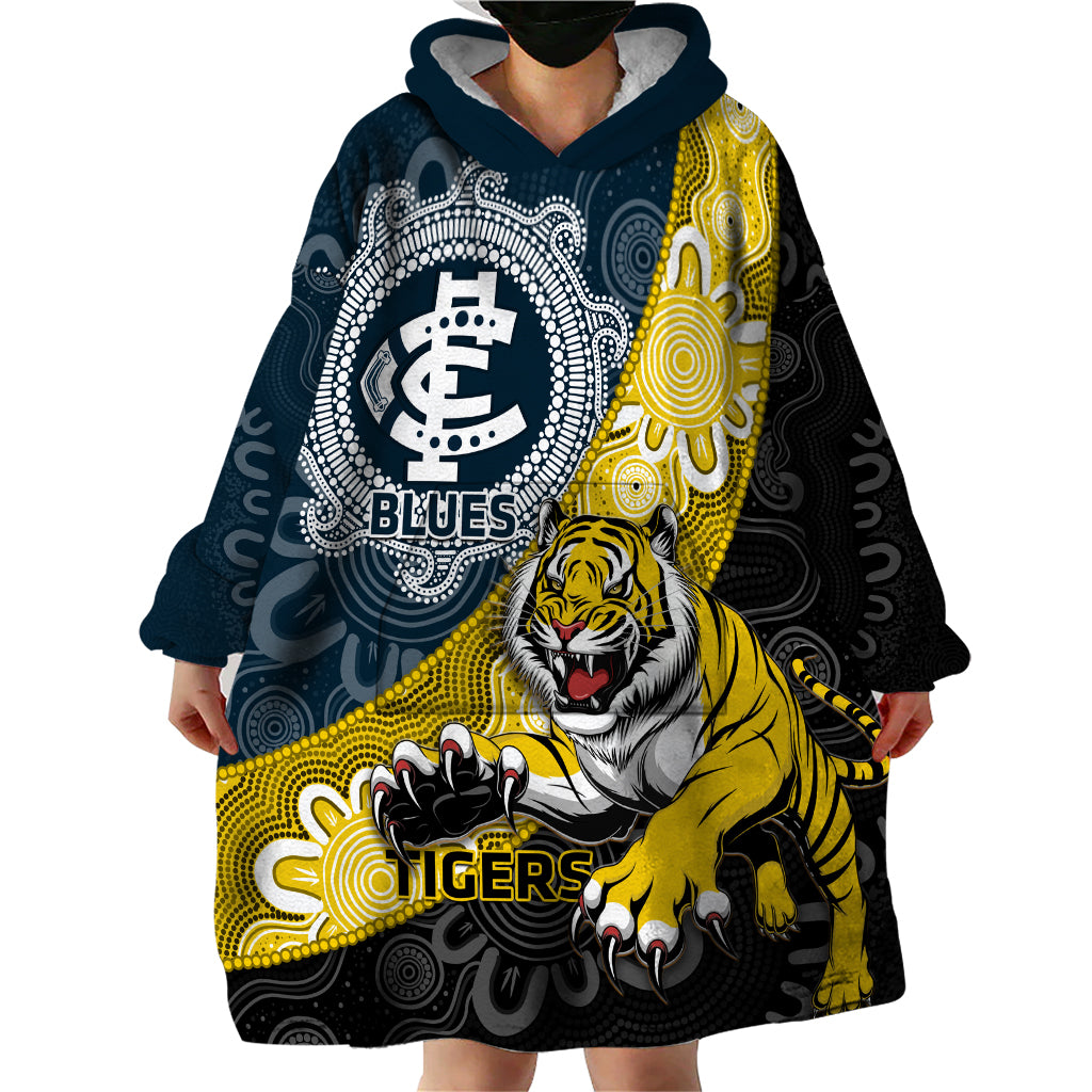 Personalised Richmond And Carlton Football Wearable Blanket Hoodie Tigers BluesTogether Aboriginal Art - Vibe Hoodie Shop