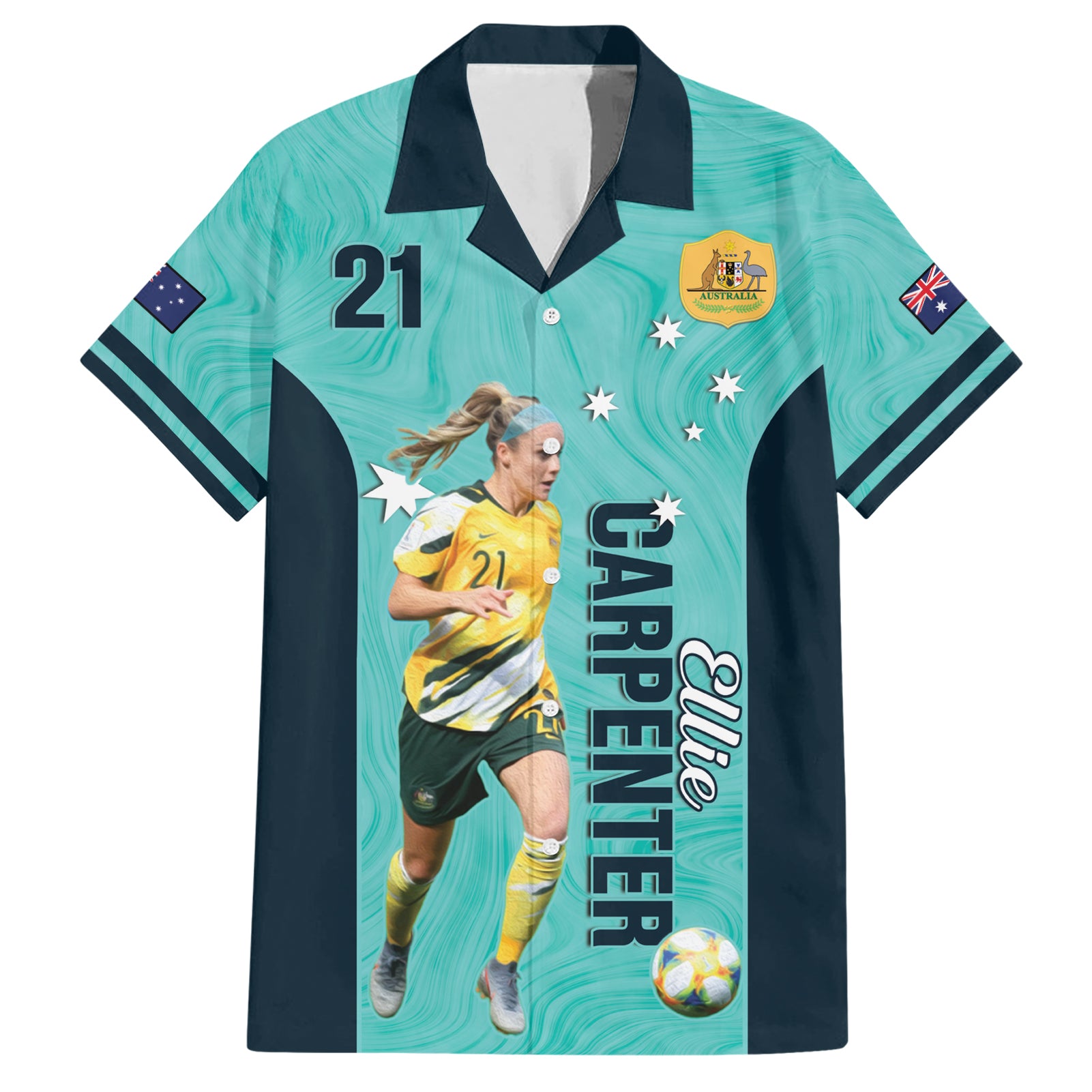 Australia Soccer Hawaiian Shirt Ellie Carpenter Matildas - Turquoise - Vibe Hoodie Shop