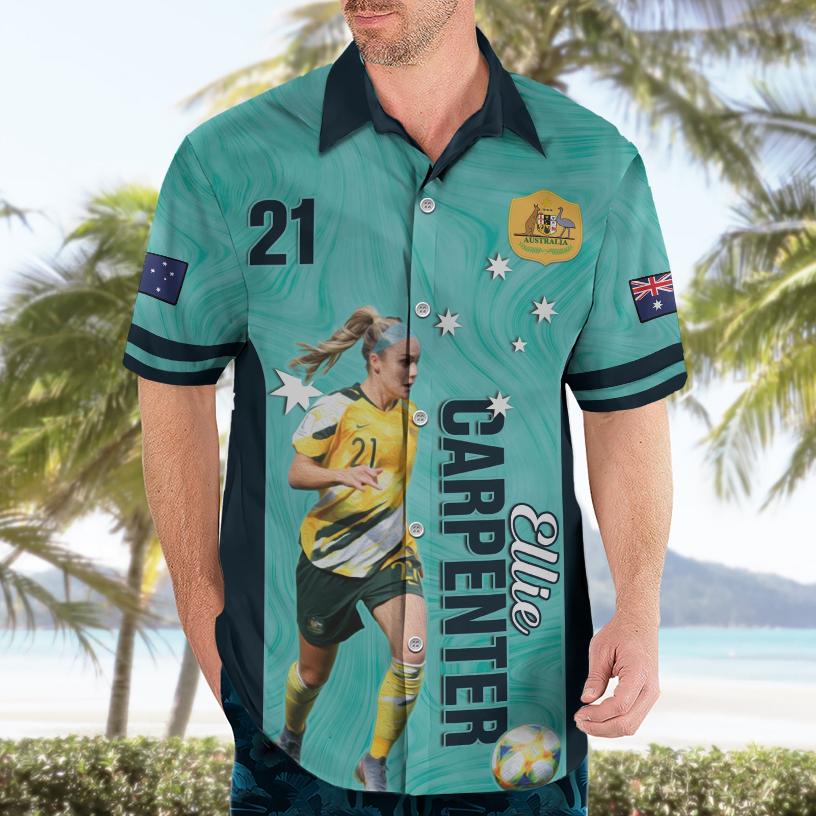 Australia Soccer Hawaiian Shirt Ellie Carpenter Matildas - Turquoise - Vibe Hoodie Shop