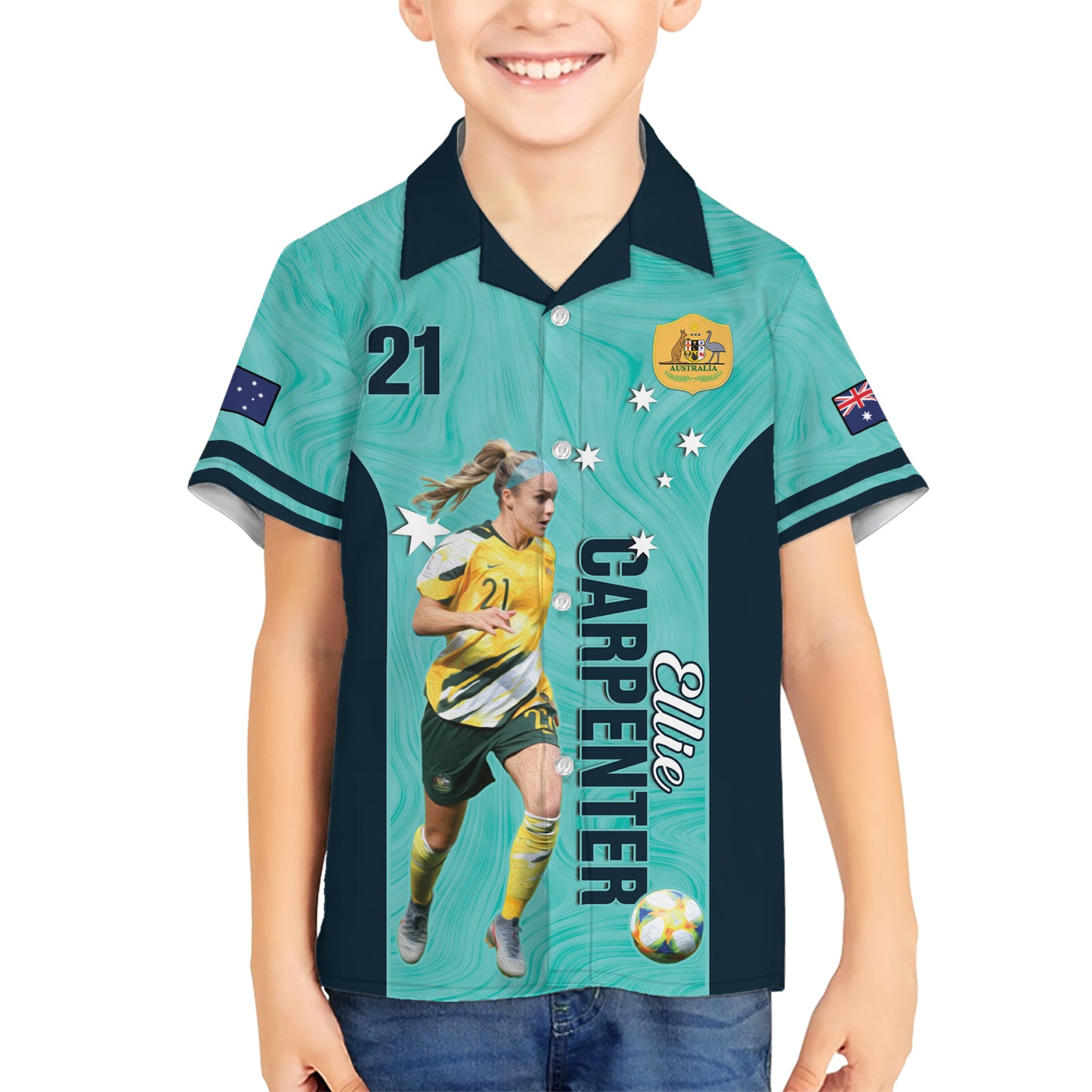 Australia Soccer Hawaiian Shirt Ellie Carpenter Matildas - Turquoise - Vibe Hoodie Shop