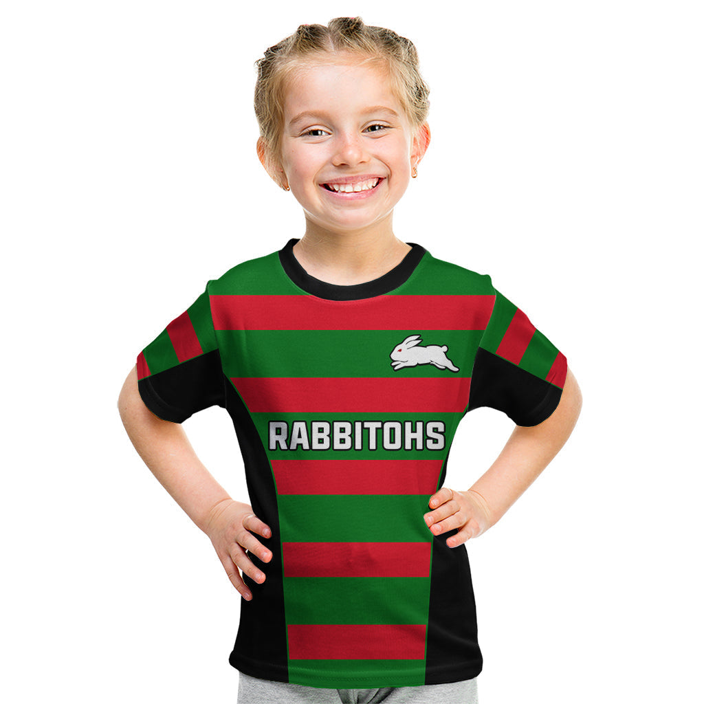 (Custom Text And Number) Rabbitohs Rugby Kid T Shirt Go Souths 1908 Sporty Style Black - Vibe Hoodie Shop