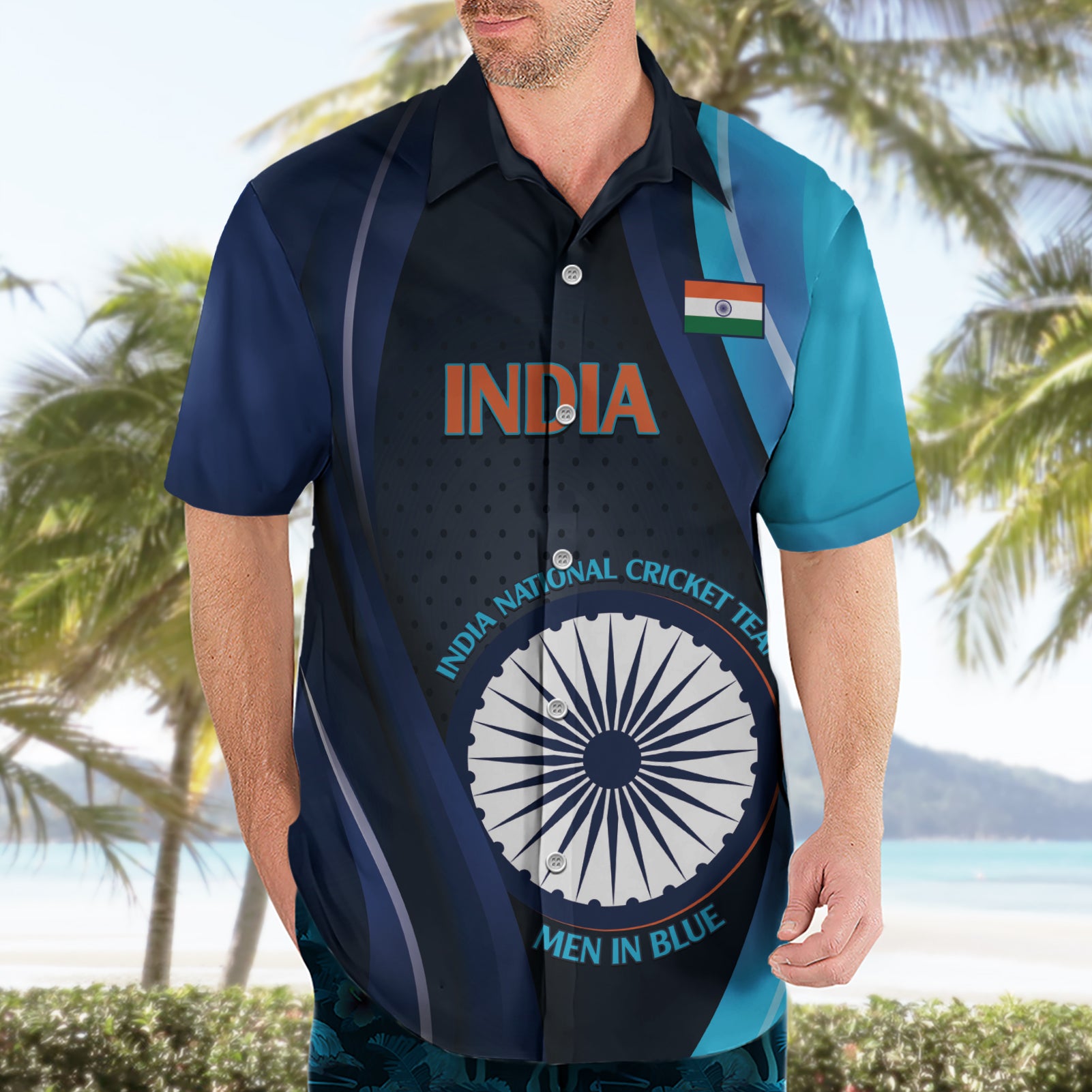 Custom India Cricket Hawaiian Shirt 2024 World Cup Go Men in Blue - Vibe Hoodie Shop