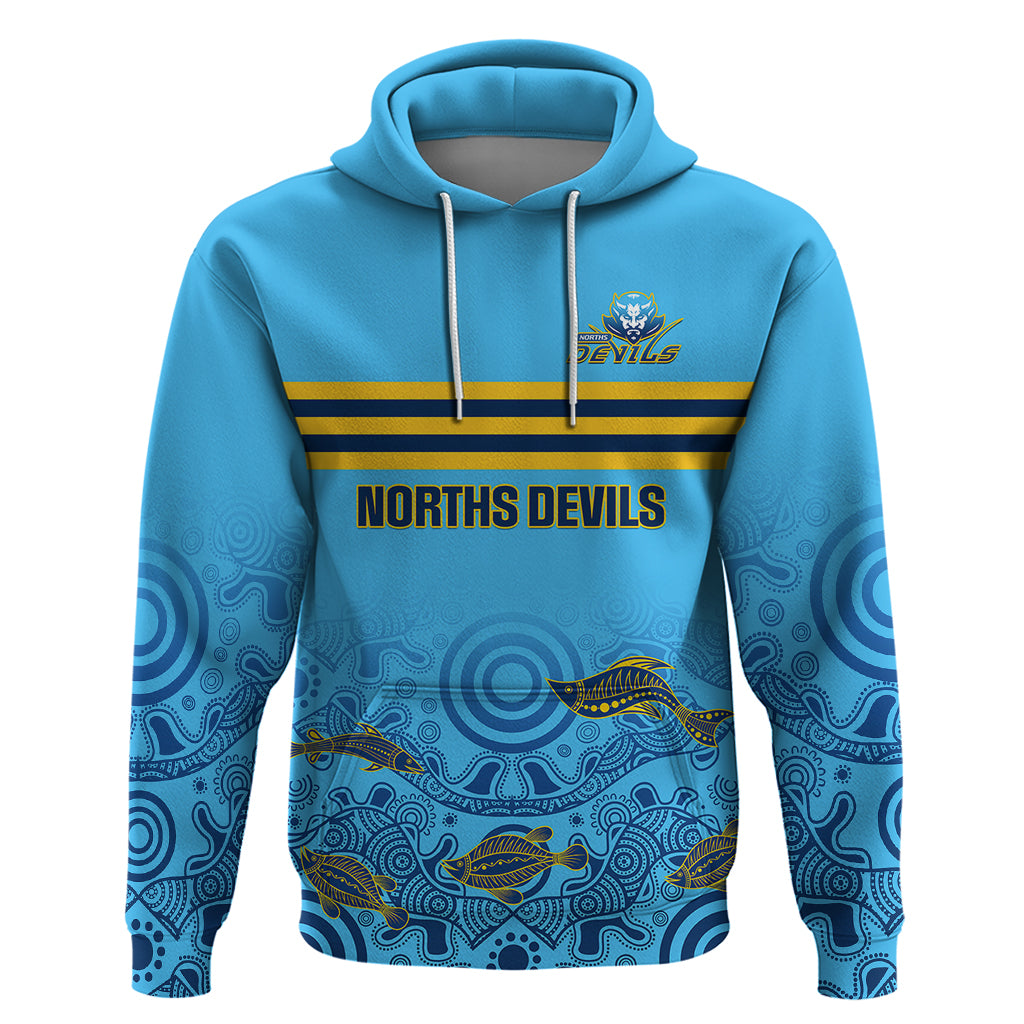 Personalised Australia Rugby Hoodie Norths Devils Indigenous Art - Vibe Hoodie Shop