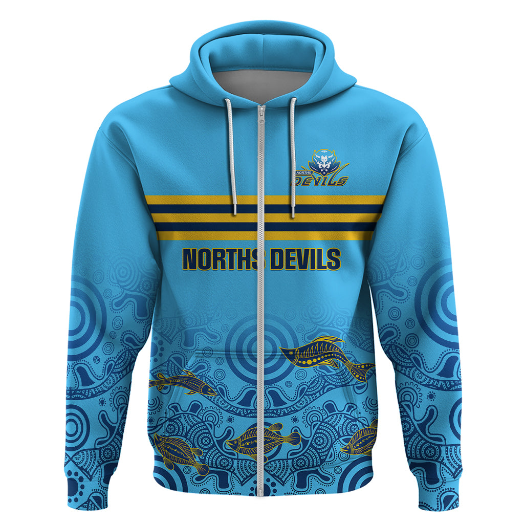 Personalised Australia Rugby Hoodie Norths Devils Indigenous Art - Vibe Hoodie Shop