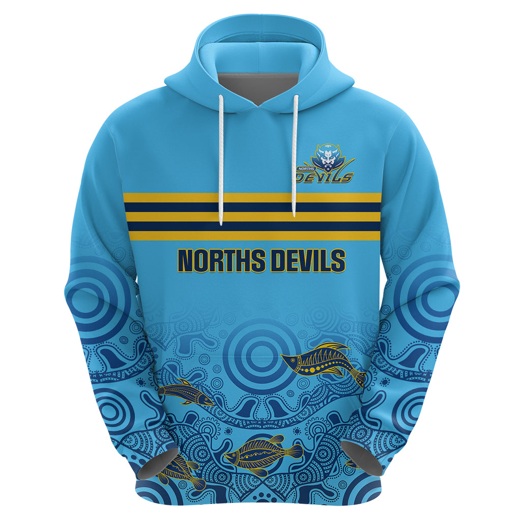 Personalised Australia Rugby Hoodie Norths Devils Indigenous Art - Vibe Hoodie Shop