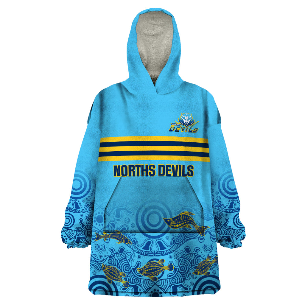 Personalised Australia Rugby Wearable Blanket Hoodie Norths Devils Indigenous Art - Vibe Hoodie Shop