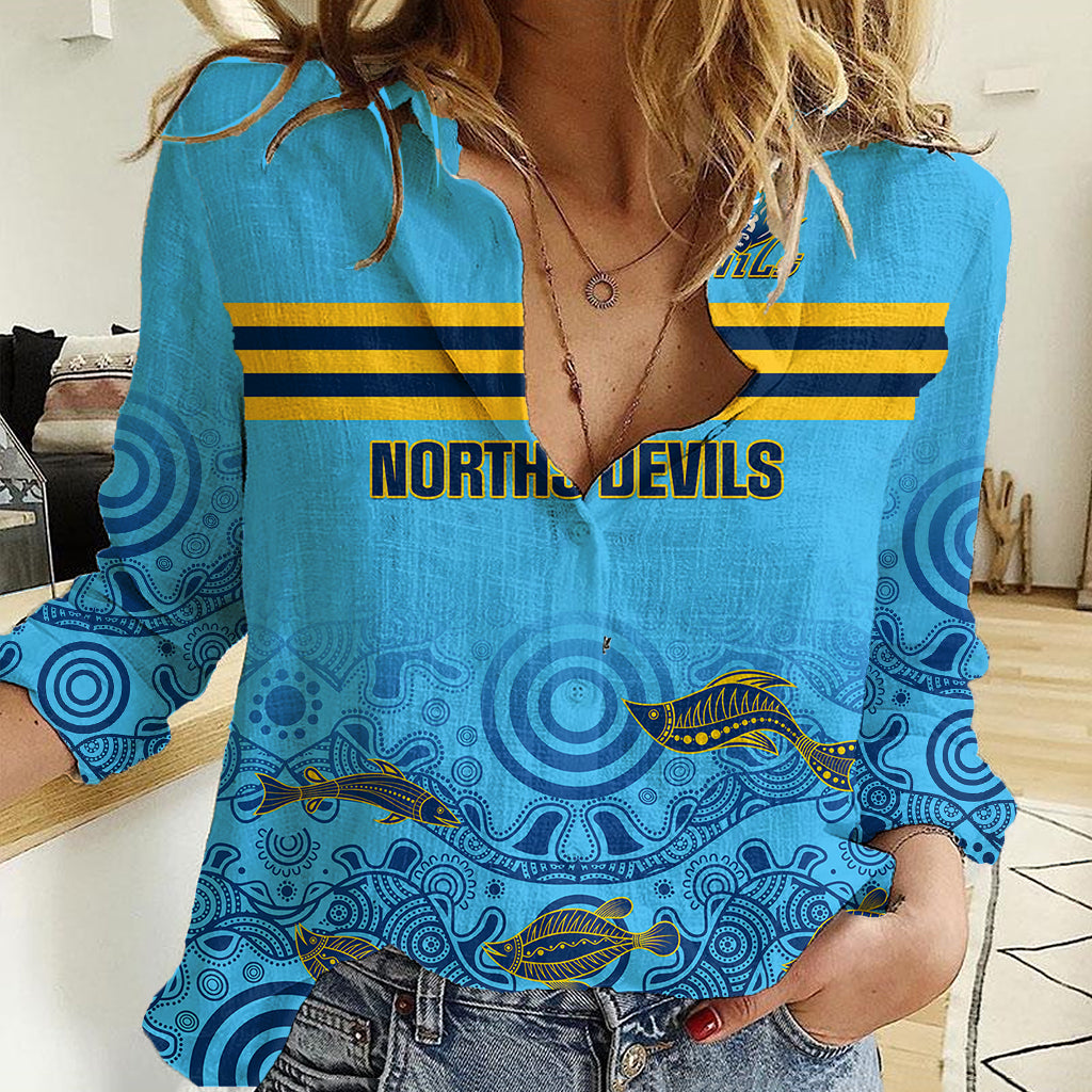 Personalised Australia Rugby Women Casual Shirt Norths Devils Indigenous Art - Vibe Hoodie Shop