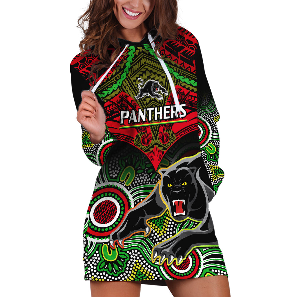 Panthers Rugby Hoodie Dress Penrith 1966 Aboriginal Mix Polynesian Pattern - Vibe Hoodie Shop