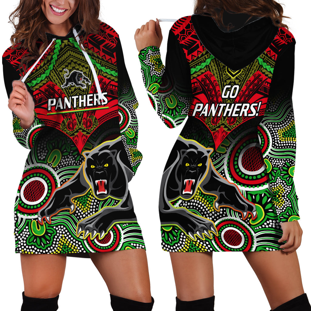 Panthers Rugby Hoodie Dress Penrith 1966 Aboriginal Mix Polynesian Pattern - Vibe Hoodie Shop