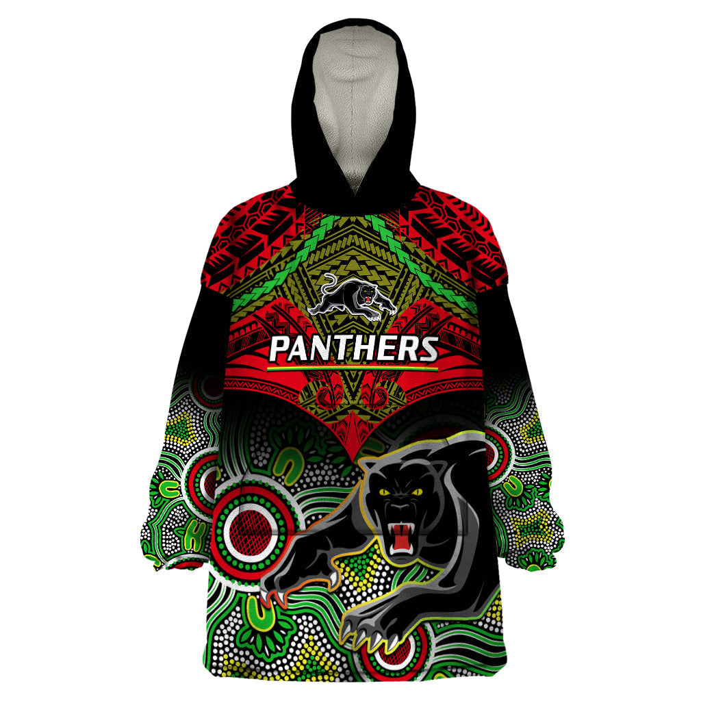 Panthers Rugby Wearable Blanket Hoodie Penrith 1966 Aboriginal Mix Polynesian Pattern - Vibe Hoodie Shop