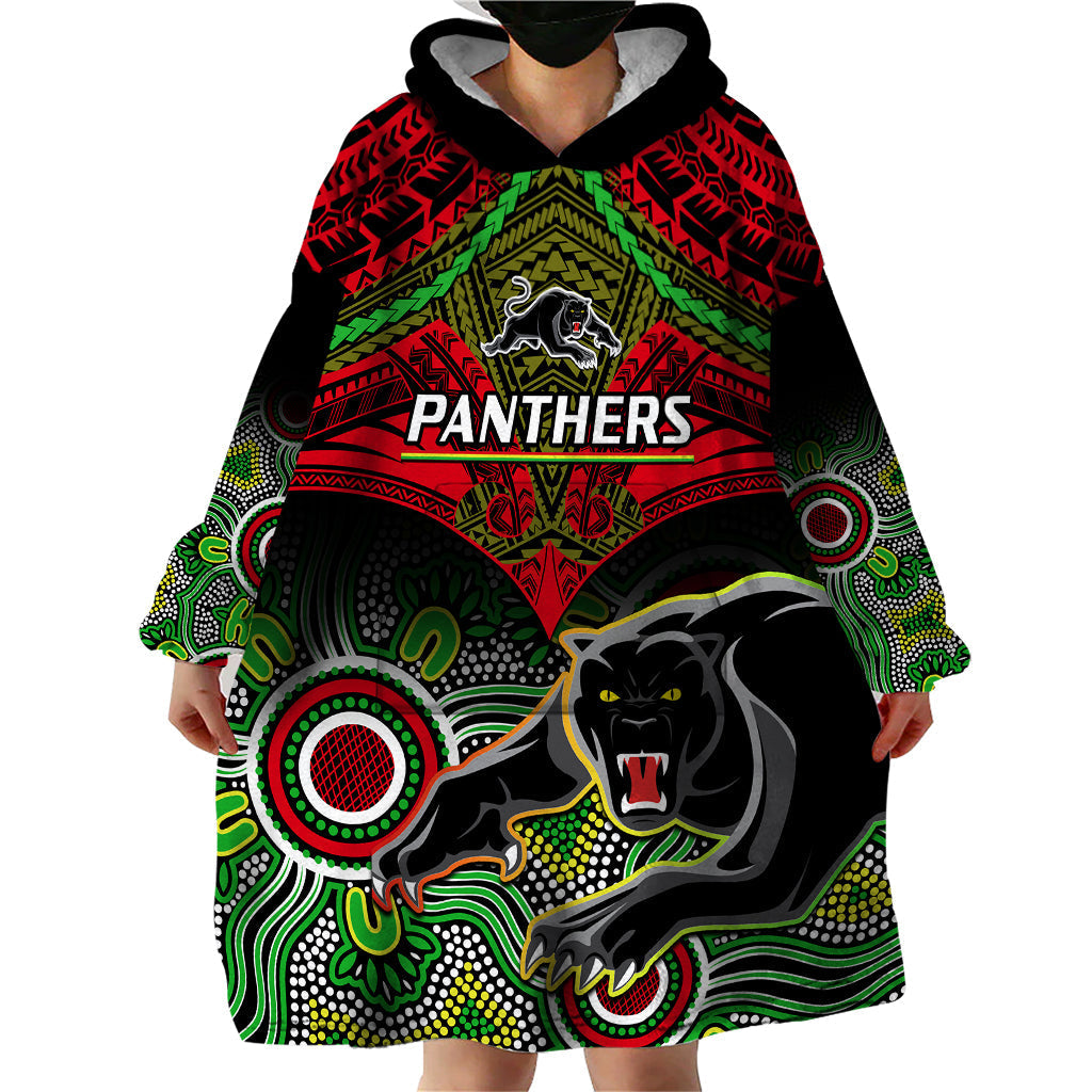 Panthers Rugby Wearable Blanket Hoodie Penrith 1966 Aboriginal Mix Polynesian Pattern - Vibe Hoodie Shop