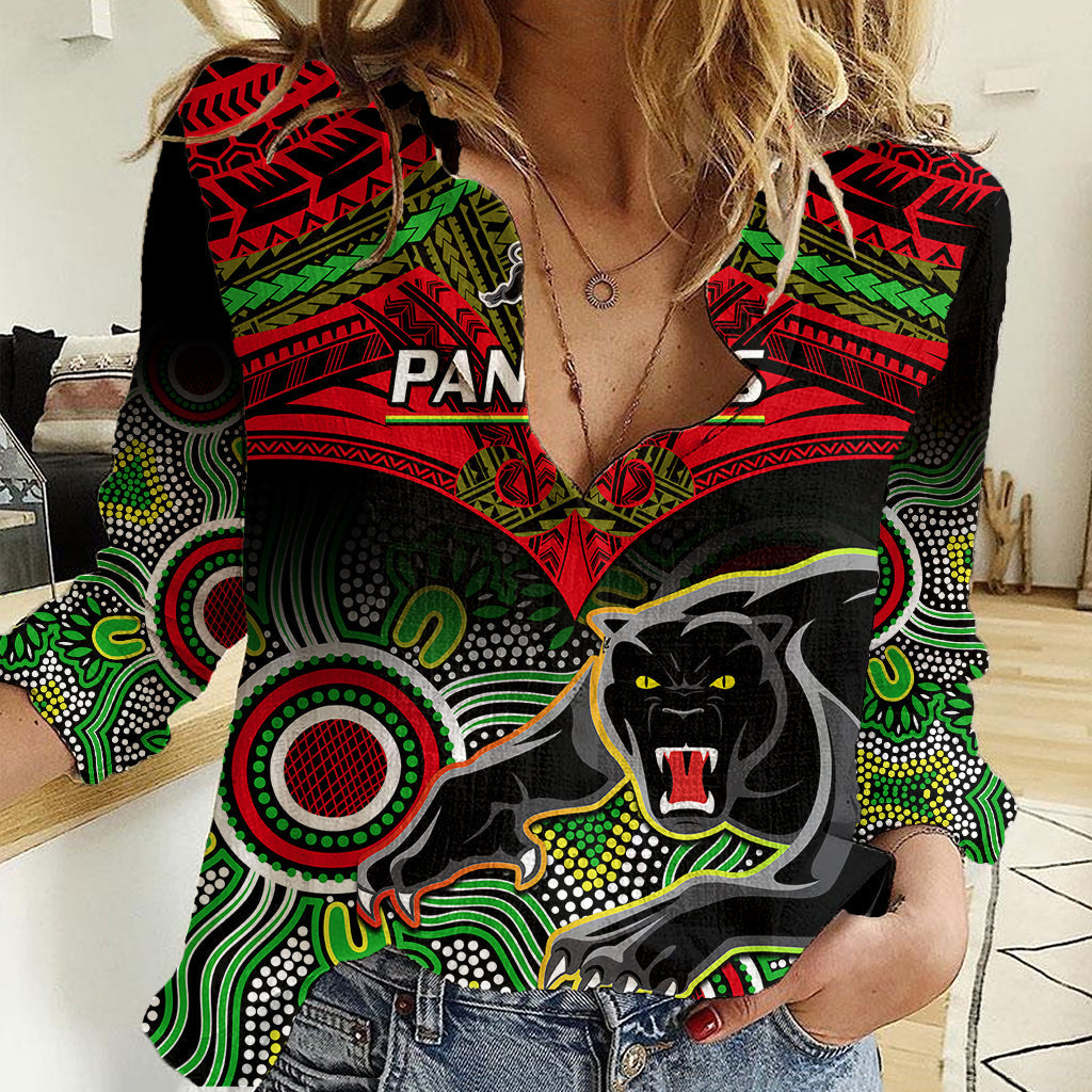 Panthers Rugby Women Casual Shirt Penrith 1966 Aboriginal Mix Polynesian Pattern - Vibe Hoodie Shop
