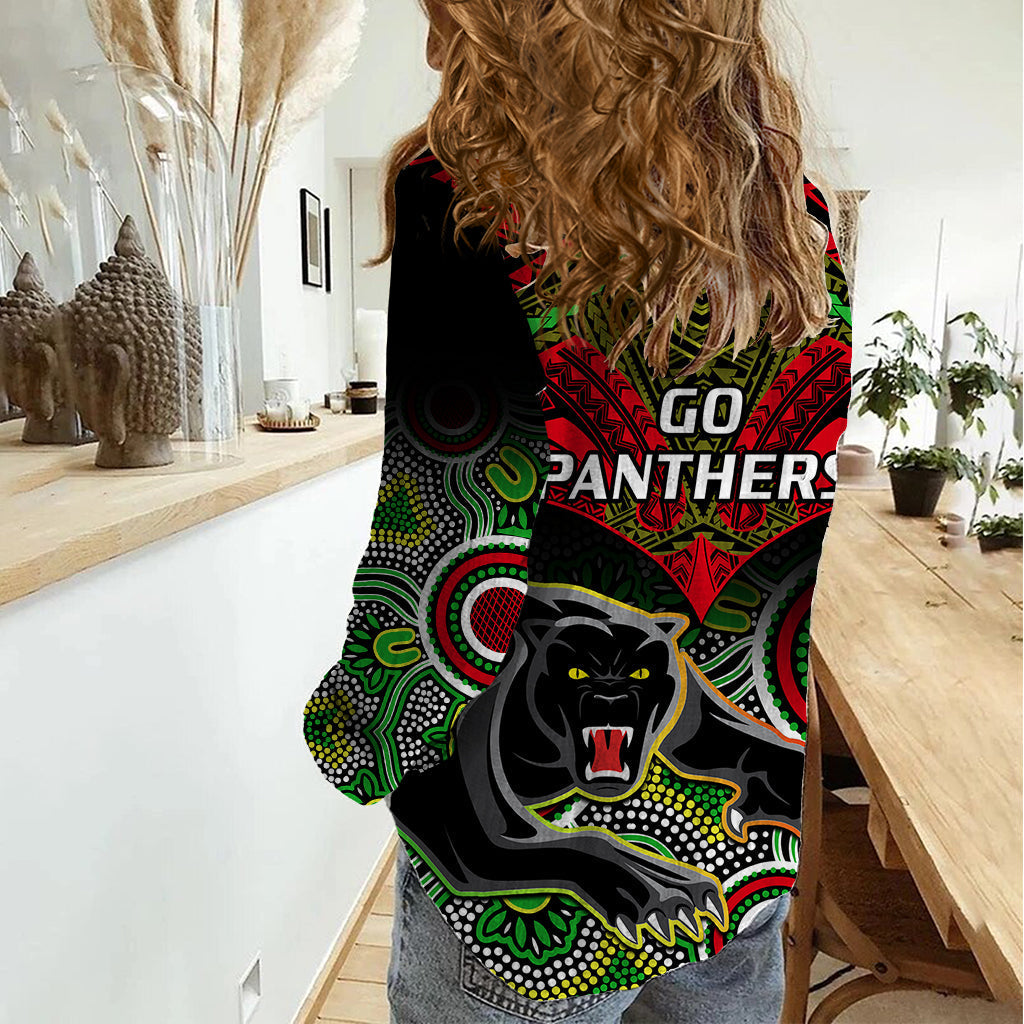 Panthers Rugby Women Casual Shirt Penrith 1966 Aboriginal Mix Polynesian Pattern - Vibe Hoodie Shop