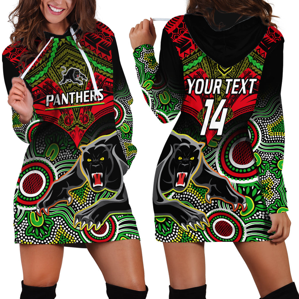 Personalised Panthers Rugby Hoodie Dress Penrith 1966 Aboriginal Mix Polynesian Pattern - Vibe Hoodie Shop