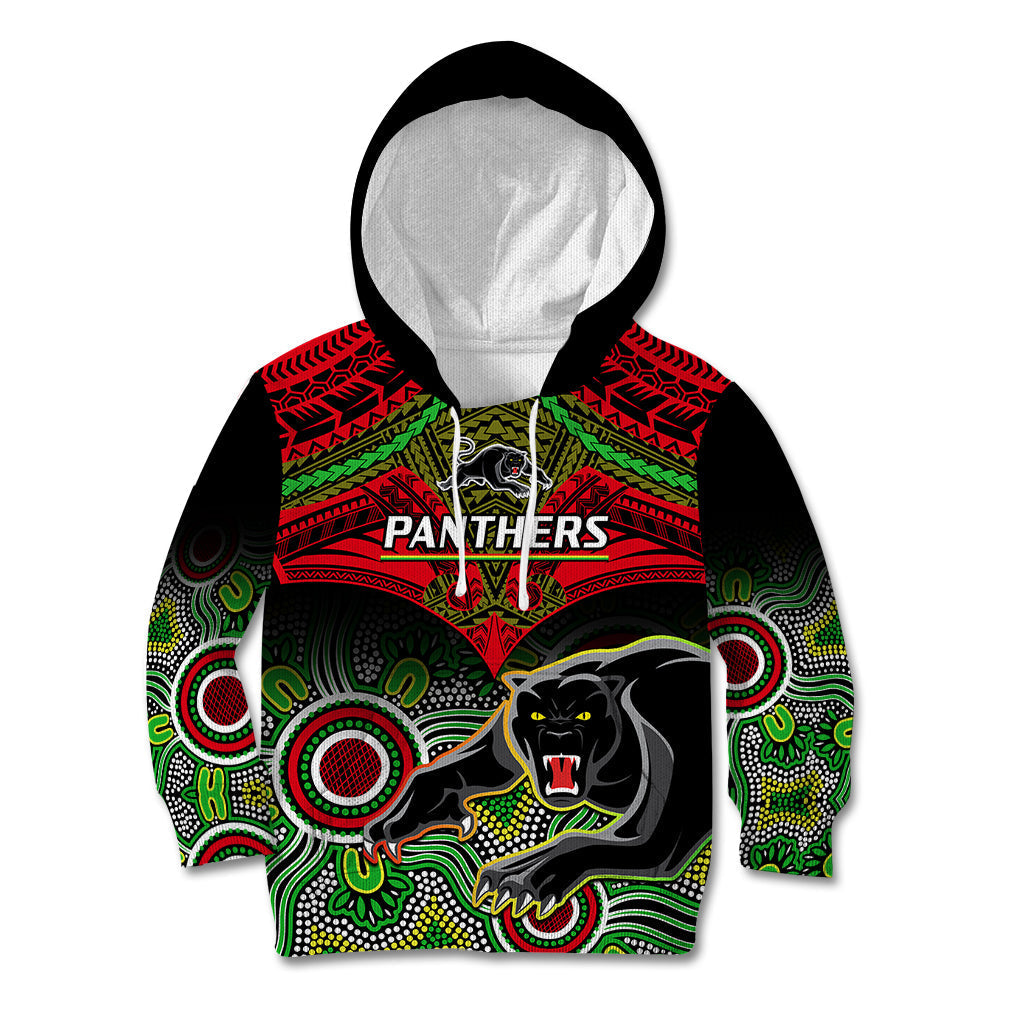 Personalised Panthers Rugby Kid Hoodie Penrith 1966 Aboriginal Mix Polynesian Pattern - Vibe Hoodie Shop