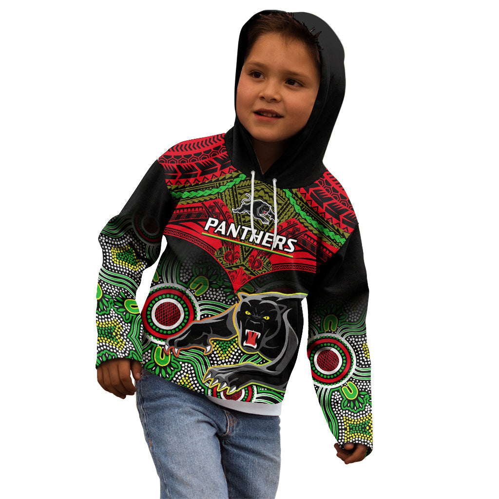 Personalised Panthers Rugby Kid Hoodie Penrith 1966 Aboriginal Mix Polynesian Pattern - Vibe Hoodie Shop