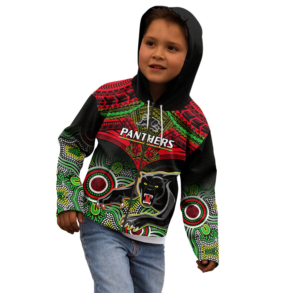 Personalised Panthers Rugby Kid Hoodie Penrith 1966 Aboriginal Mix Polynesian Pattern - Vibe Hoodie Shop