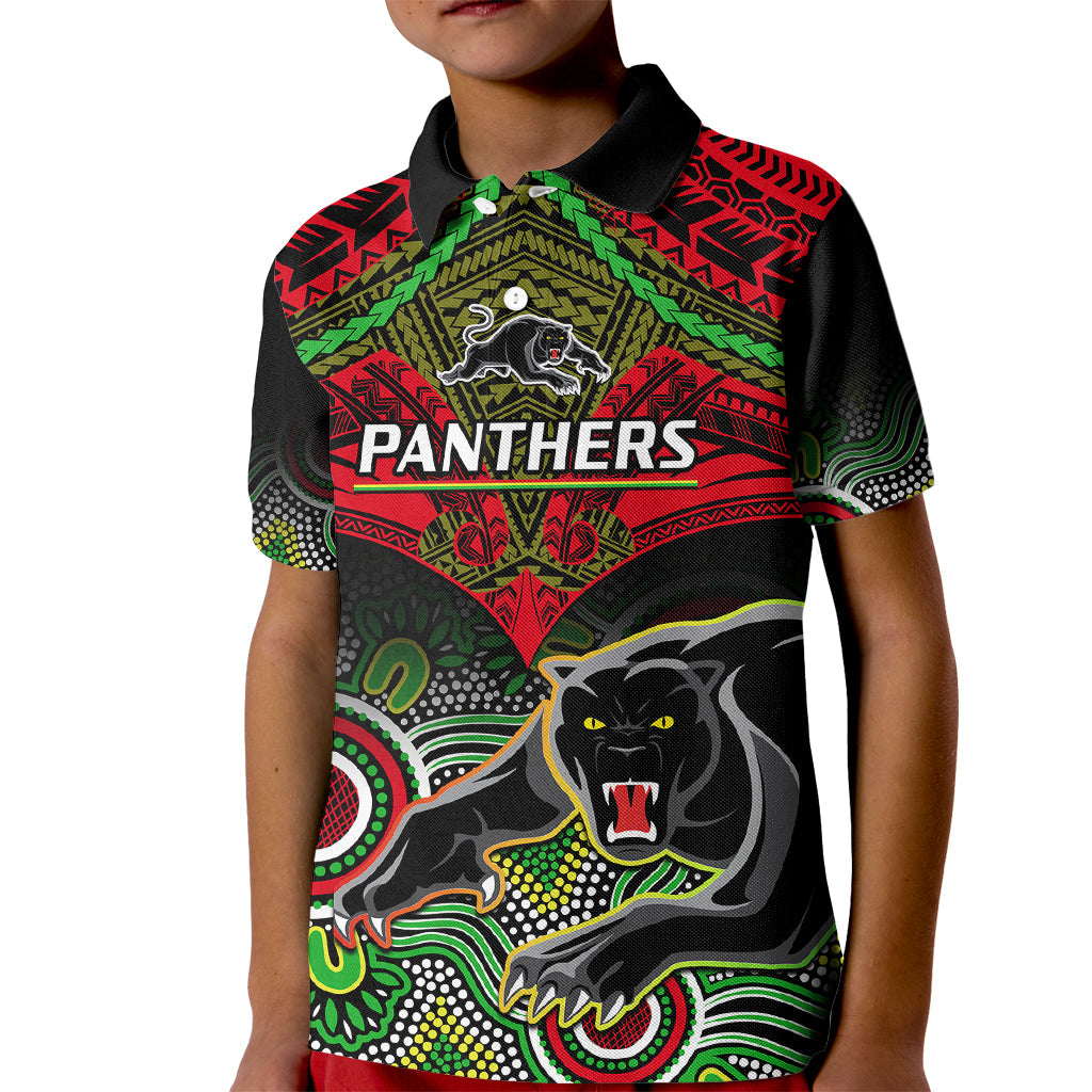Personalised Panthers Rugby Kid Polo Shirt Penrith 1966 Aboriginal Mix Polynesian Pattern - Vibe Hoodie Shop