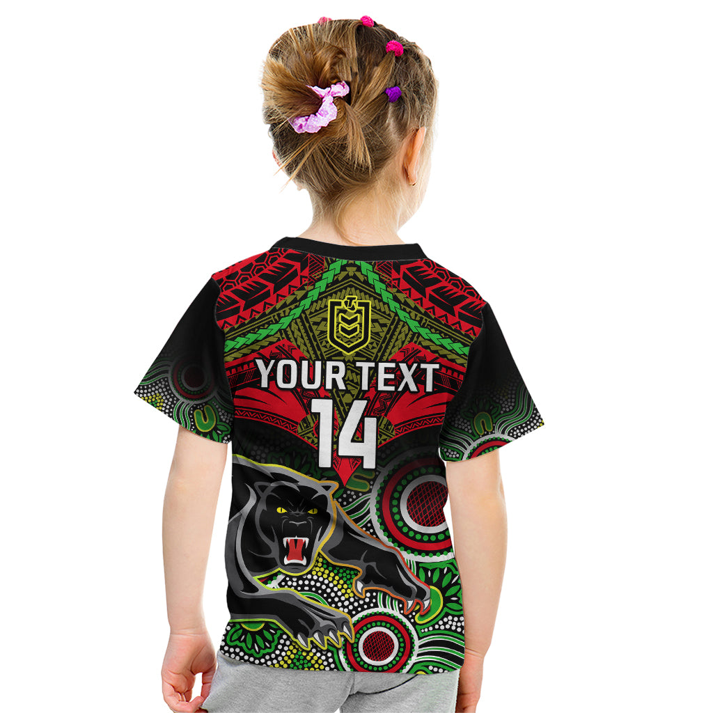 Personalised Panthers Rugby Kid T Shirt Penrith 1966 Aboriginal Mix Polynesian Pattern - Vibe Hoodie Shop