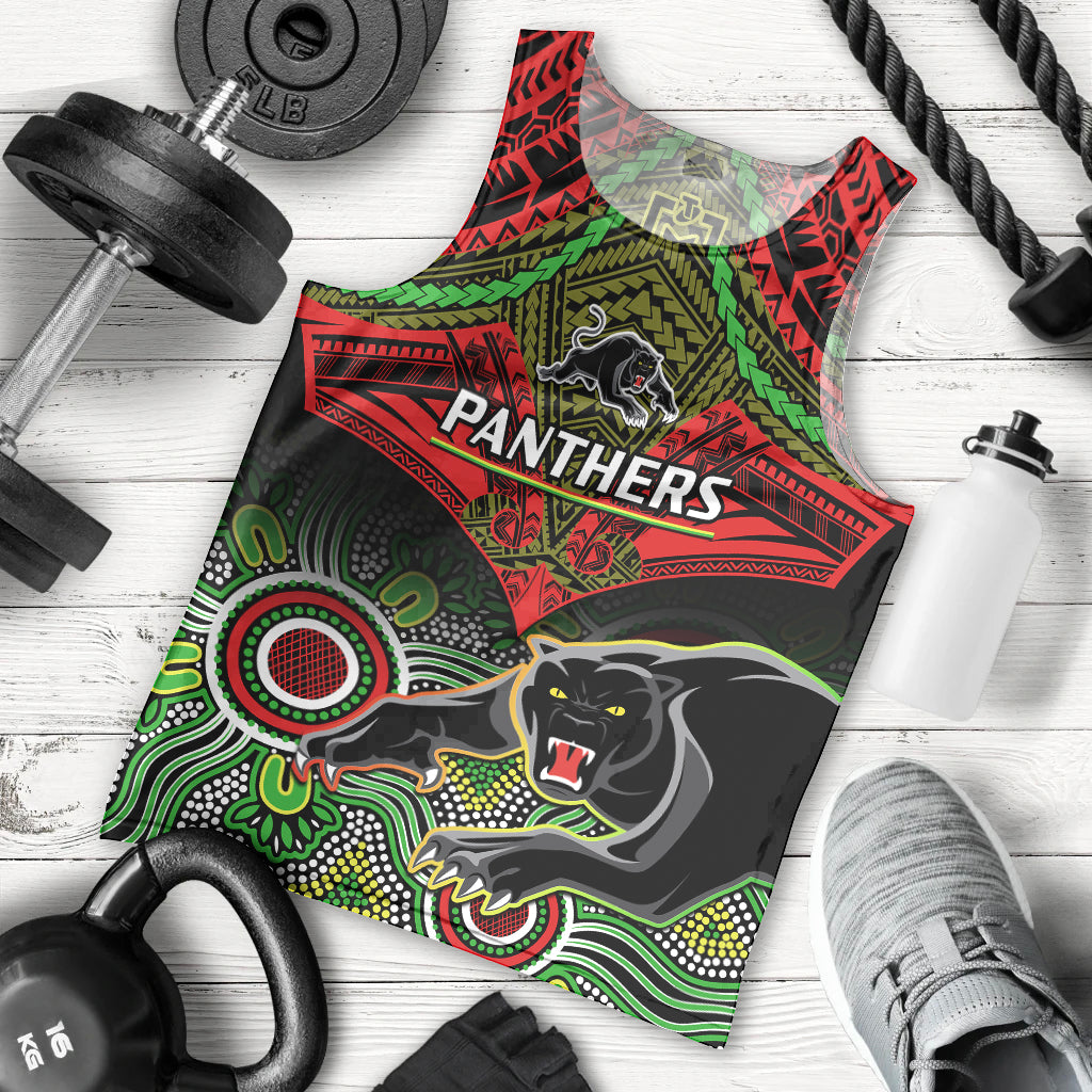 Personalised Panthers Rugby Men Tank Top Penrith 1966 Aboriginal Mix Polynesian Pattern - Vibe Hoodie Shop