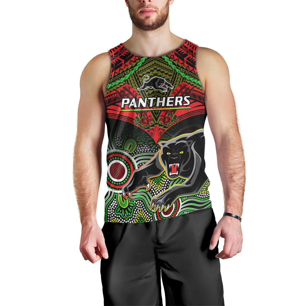 Personalised Panthers Rugby Men Tank Top Penrith 1966 Aboriginal Mix Polynesian Pattern - Vibe Hoodie Shop